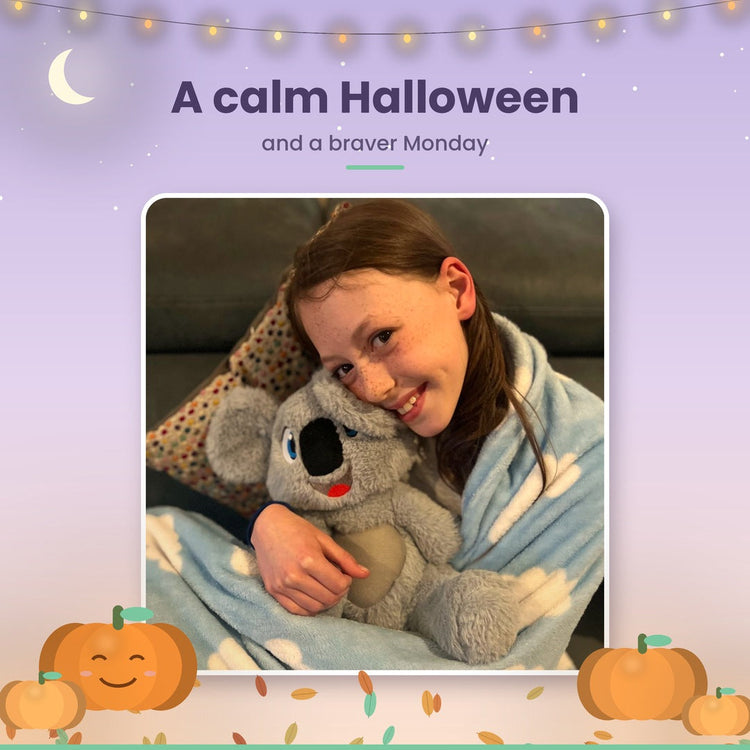 Child holding a calming talking plushie at Halloween